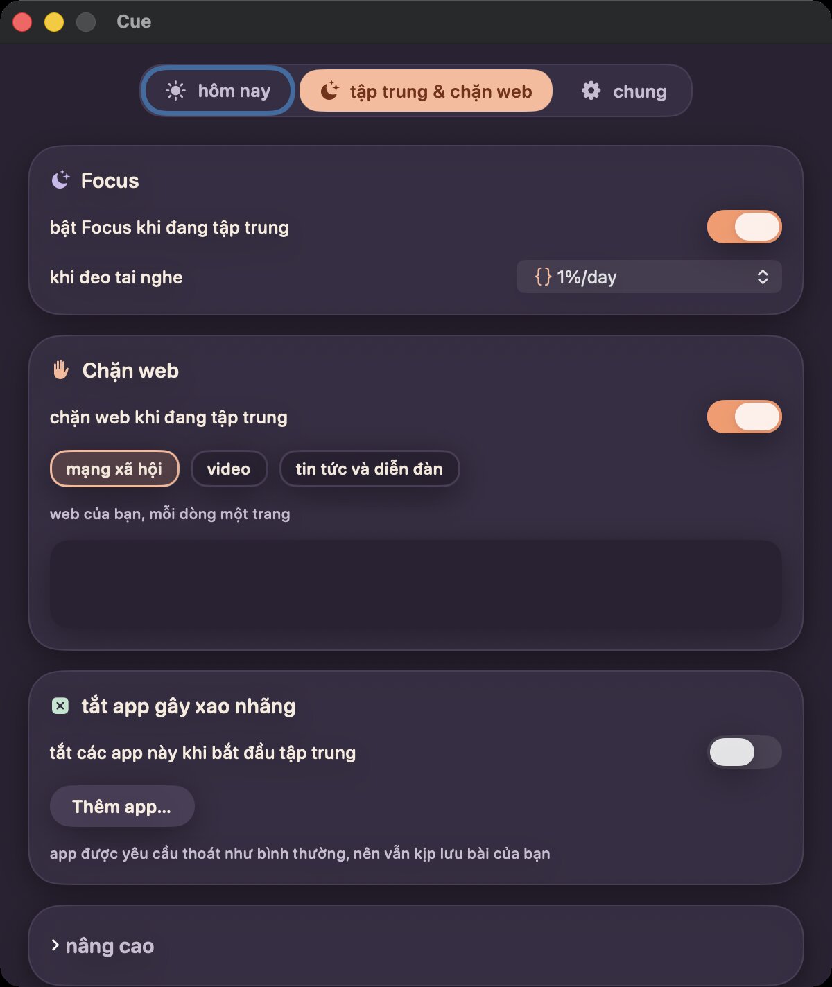 The focus and blocking tab: Focus mode, site lists and apps to quit.