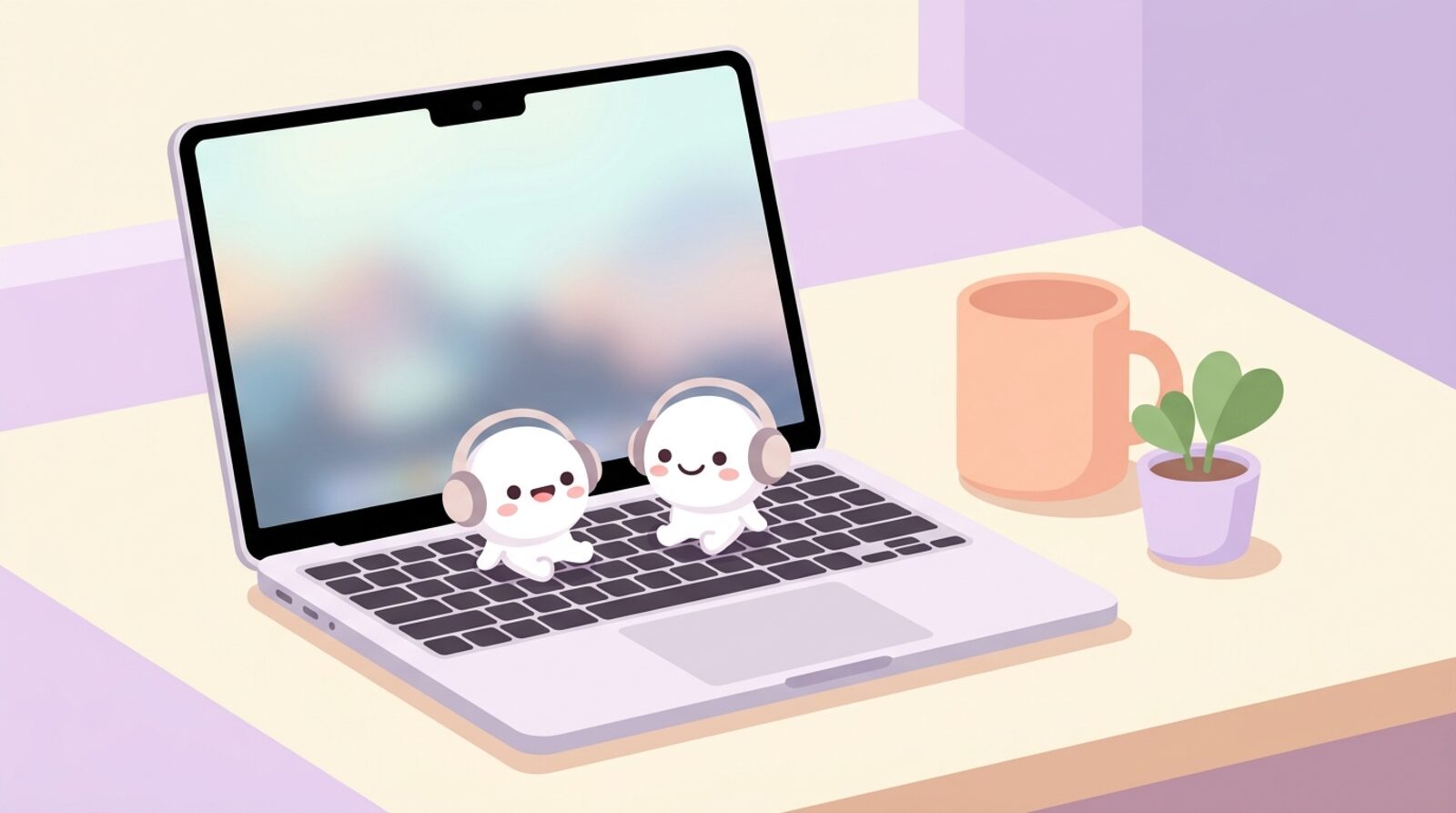 A pastel desk scene: a laptop, a plant and a pair of earbuds waiting in their case.
